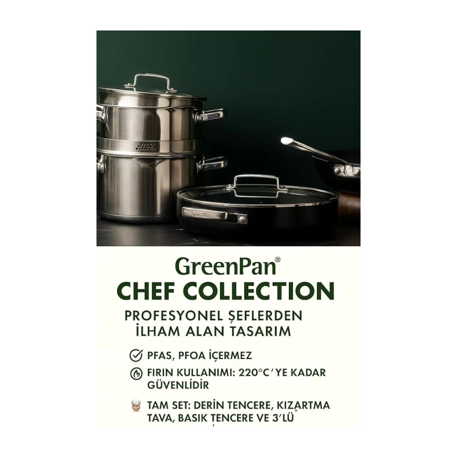 GreenPan Chef’s Collection 11 Parça Pişirme Seti – Thermolon™ Seramik Yapışmaz, PFAS’sız, İndüksiyon Uyumlu, Fırında Kullanılabilir