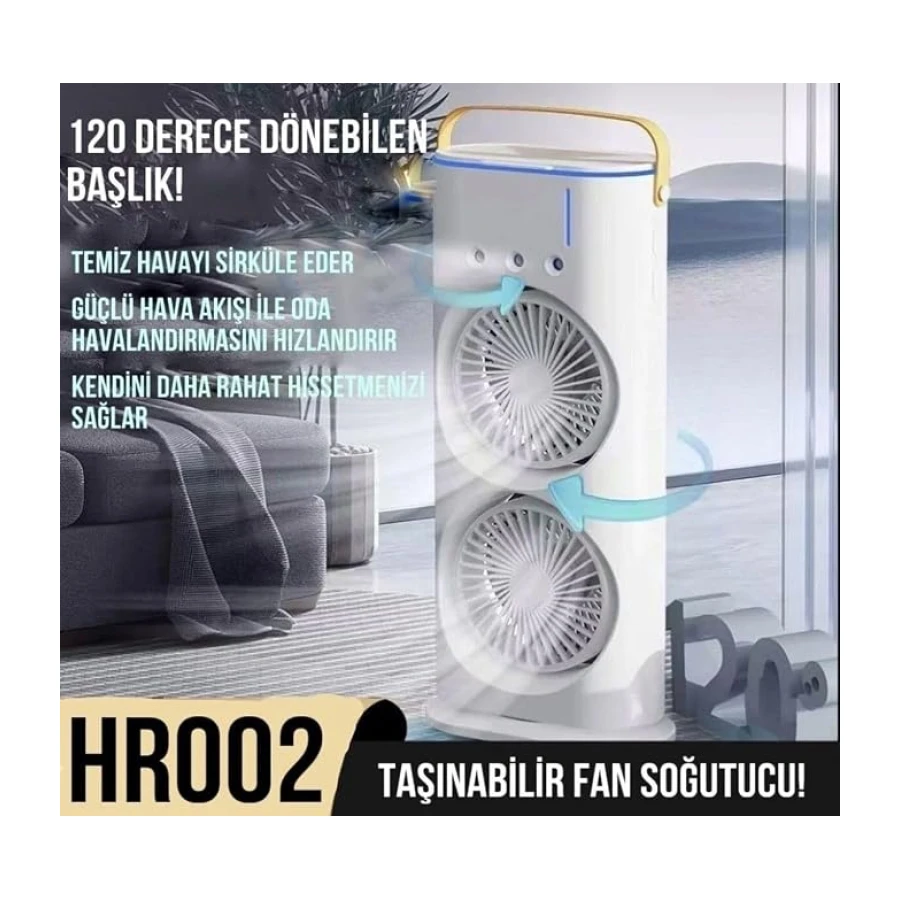 Masaüstü Çift Fanlı Buzlu Vantilatör Led Işıklı Otomatik Salınımlı Taşınabilir Soğutucu Fan Buzlu Klima