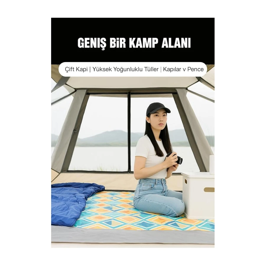 8-10 Kişilik Otomatik 4 Mevsim Kamp Çadırı | 280X280X155 Cm | Su Geçirmez, Hızlı Kurulum, Geniş Alan