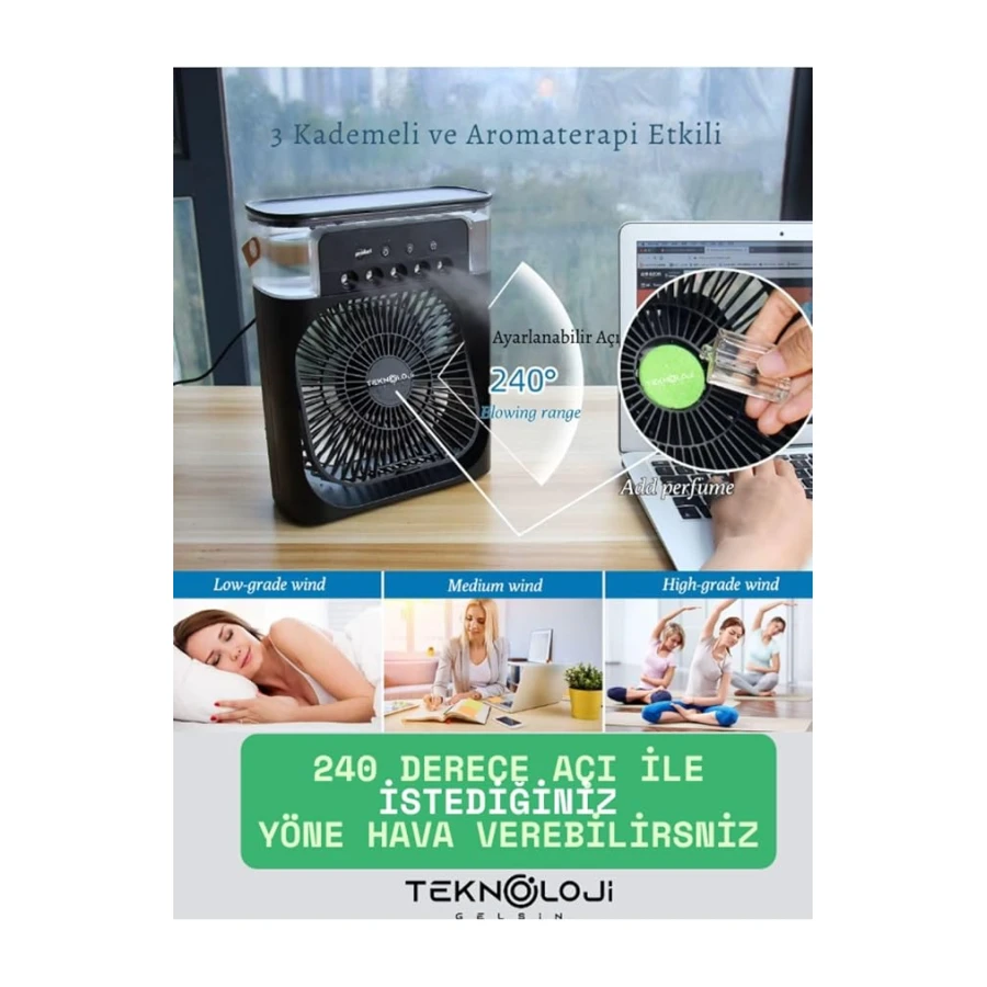 Buzlu Vantilatör Mini Fan 5 Spreyli Su Püskürtmeli 600 ML Buhar Makinesi Nemlendirici Mini Klima Rgb