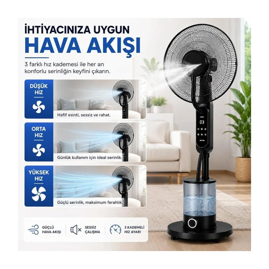 16 İnç Buharlı Vantilatör, 4L Su Hazneli Ayaklı Fan, Uzaktan Kumandalı, LED Ekranlı, 3 Hız Kademeli, 3 Modlu, Nemlendirici Özellikli, Salınımlı Sessiz Vantilatör