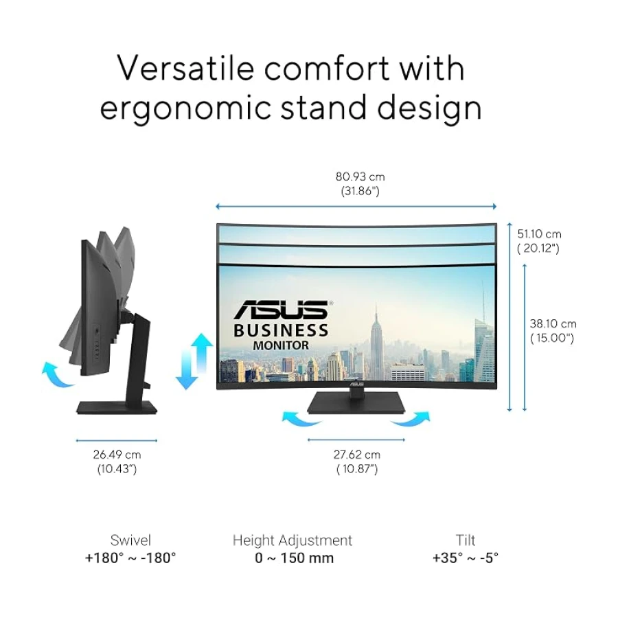 ASUS Business VA34VCPSR 34 inç Kavisli Monitör, Geniş QHD (3440 x 1440), HDMI, DisplayPort, USB Hub, RJ45 LAN Bağlantı Noktası, Ergonomik Tasarım, Titreşimsiz, Düşük Mavi Işık, Siyah
