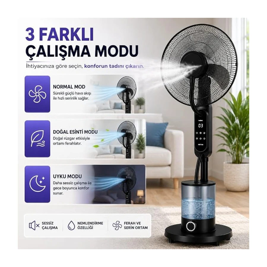 16 İnç Buharlı Vantilatör, 4L Su Hazneli Ayaklı Fan, Uzaktan Kumandalı, LED Ekranlı, 3 Hız Kademeli, 3 Modlu, Nemlendirici Özellikli, Salınımlı Sessiz Vantilatör