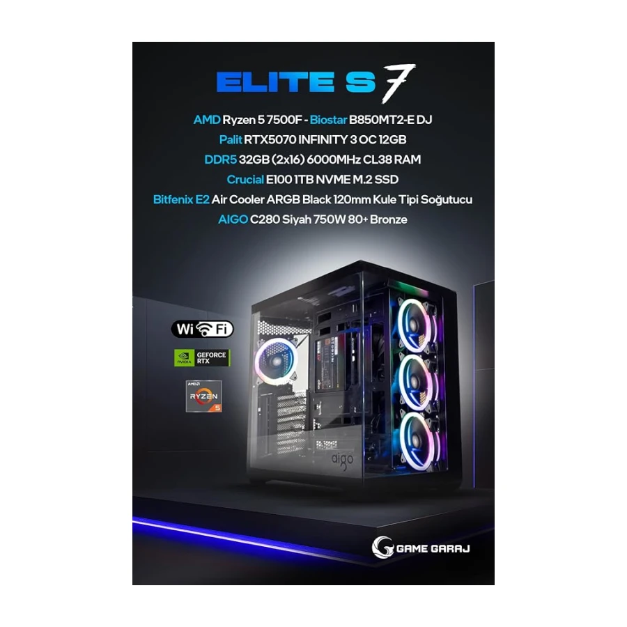 Game Garaj Elite S7 AMD Ryzen 5 7500F 32GB RAM 1TB SSD RTX5070 FreeDOS Oyuncu OEM Paket