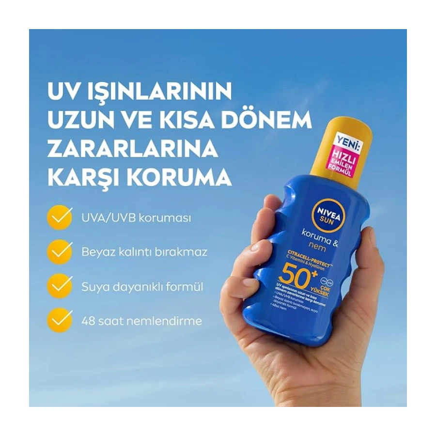 NIVEA SUN SPF50+Yüksek Güneş Koruyucu 200 ml,Suya Dayanıklı,Nemlendirici,C Vitamini,Hyalüron