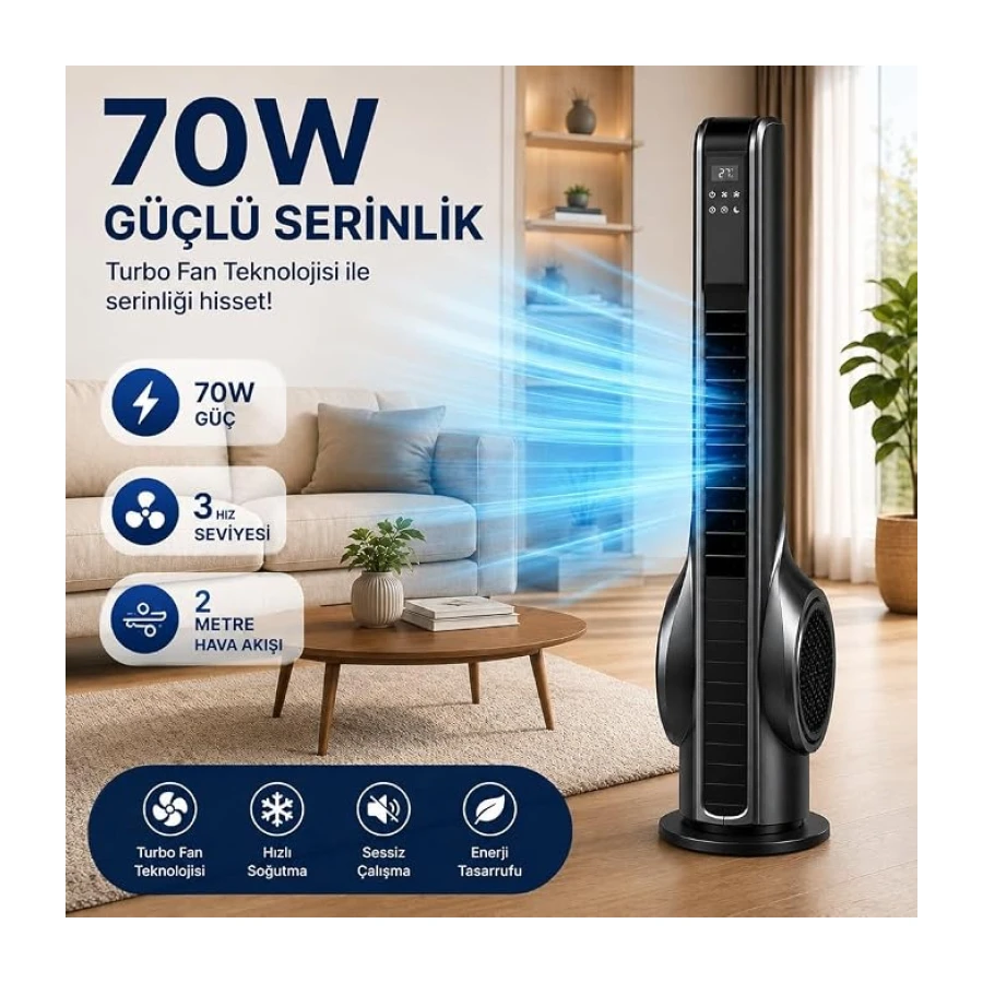 Turbo Akıllı Fan 70W Uzaktan Kumandalı Kule Vantilatör, Aromaterapi Özellikli, Dokunmatik LED Ekranlı, 3 Hız Kademeli, 3 Modlu, 12 Saat Zamanlayıcılı, Sessiz Çalışma, Salınımlı Fan