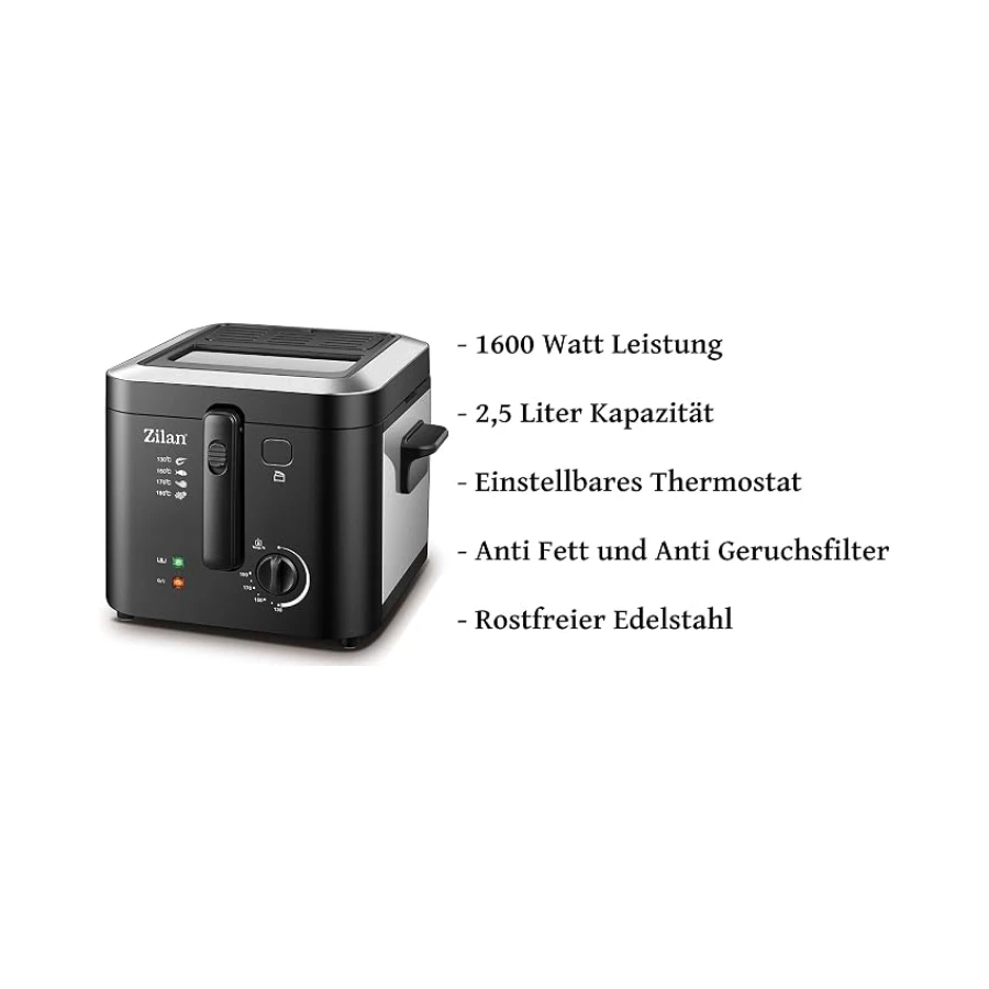 Zilan ZLN0010 Fritöz 1.600 Watt 2,5 Litre Kapasite Paslanmaz Çelik Deep Fryer Sıcaklık Ayarı 0°C-190°C