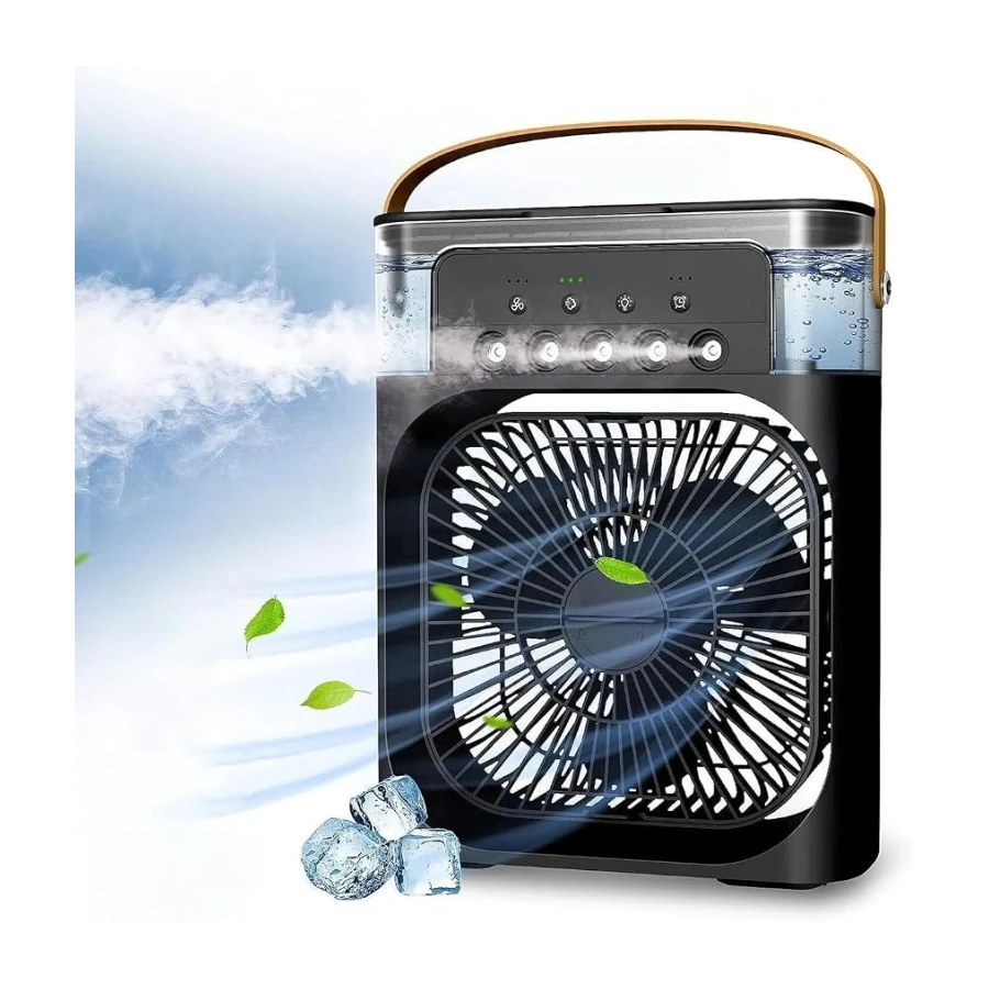 Taşınabilir Işıklı 5 Spreyli Vantilatör Buzlu Buharlı Vantilatör Mini Fan Nemlendirici siyah