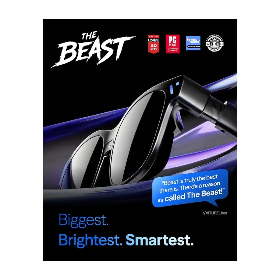 VITURE Beast XR Gözlüğü, 44,2 cm 1200p 58° Görüş Alanı, dahili VisionPair™ 3DoF, dinamik karartma, HARMAN Ses, iPhone, Android, Mac, PC, Switch 2 için AR Gözlüğü – En Büyük. En Parlak. En Akıllı