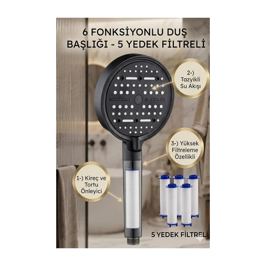 Ahlez Nova Filtreli Duş Başlığı, Siyah, 6 Fonksiyonlu, Yüksek Basınçlı, Klor ve Kireç Önleyici, 5 Yedek Filtre Dahil