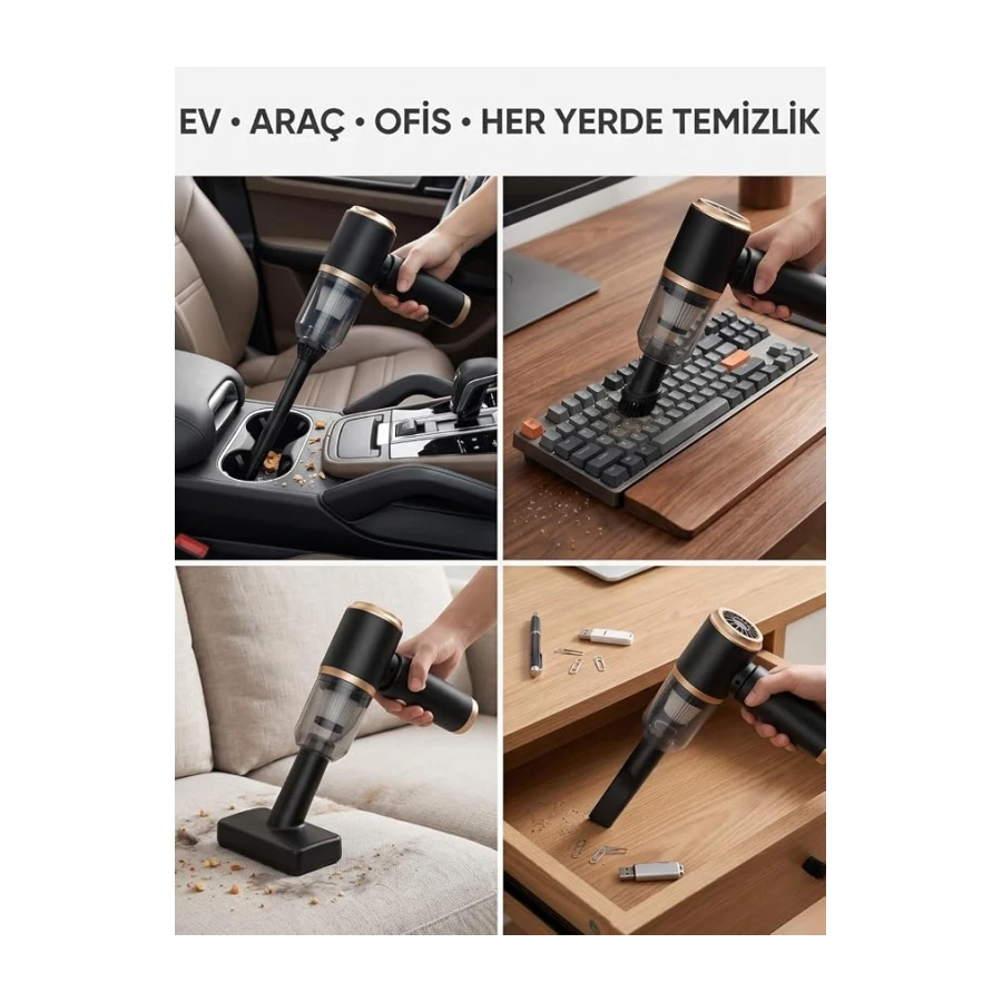 Shopexxtra Kablosuz El Süpürgesi ve Hava Üfleyici, 60W Mini Şarjlı Süpürge, USB Type-C Şarjlı, Yıkanabilir HEPA Filtreli, 9 Parça Aksesuar Seti, Ev, Araç, Ofis ve Klavye Temizliği İçin
