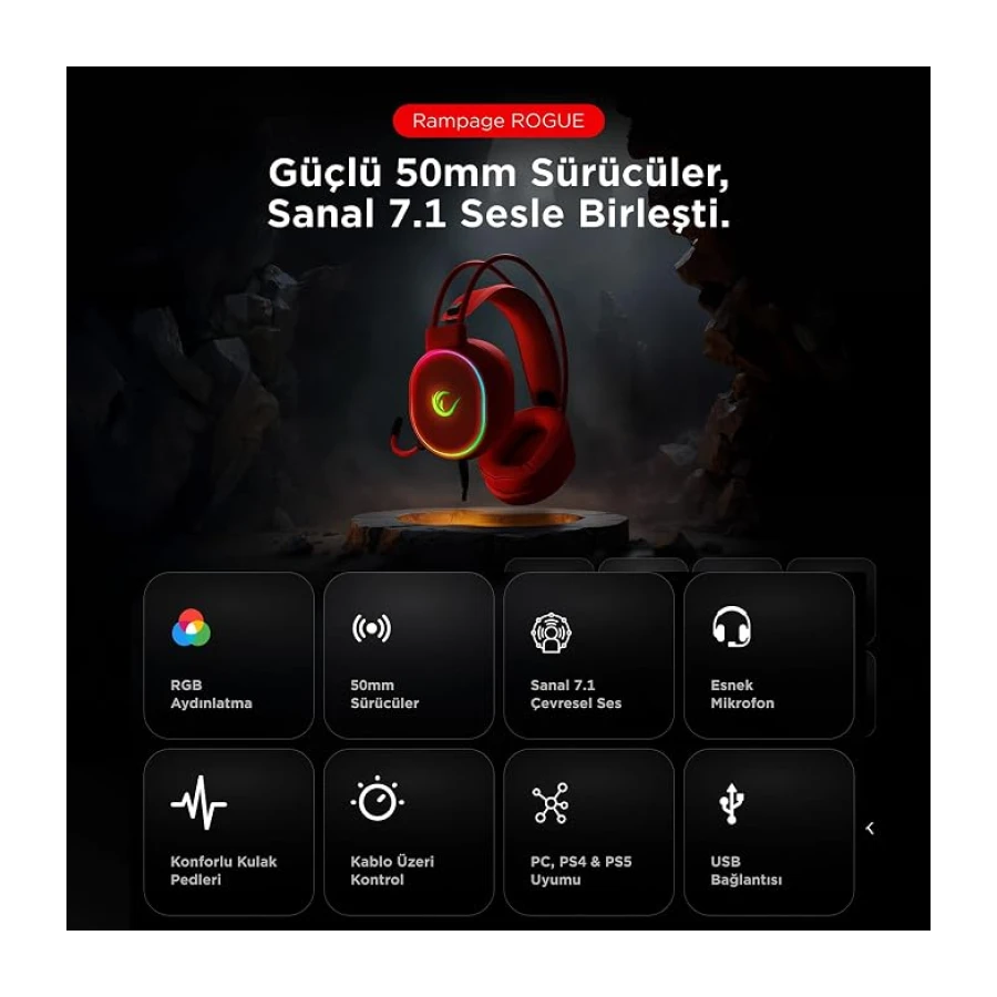 Rampage ROGUE Kırmızı 7.1 Surround Sound RGB Ledli Gaming Oyuncu Mikrofonlu Kulaklık, Büyük