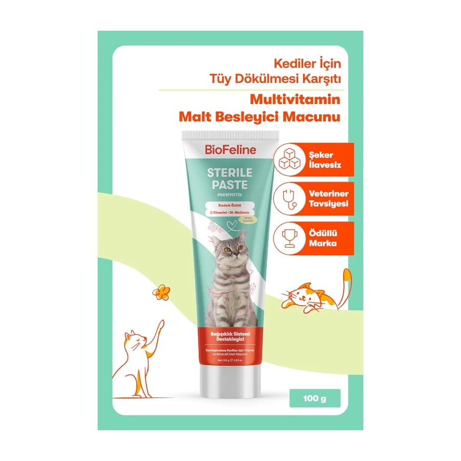 Biofeline Kısır Kediler İçin Multivitaminli Malt Macun 100g ve Sterile Paste