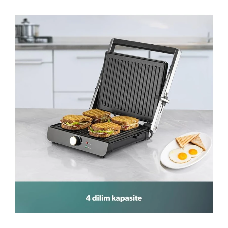 Homend Grilliant 1349H 4 Dilim Kapasiteli Gövdeli Döküm Plakalı Tost ve Izgara Makinesi Inox 2000W