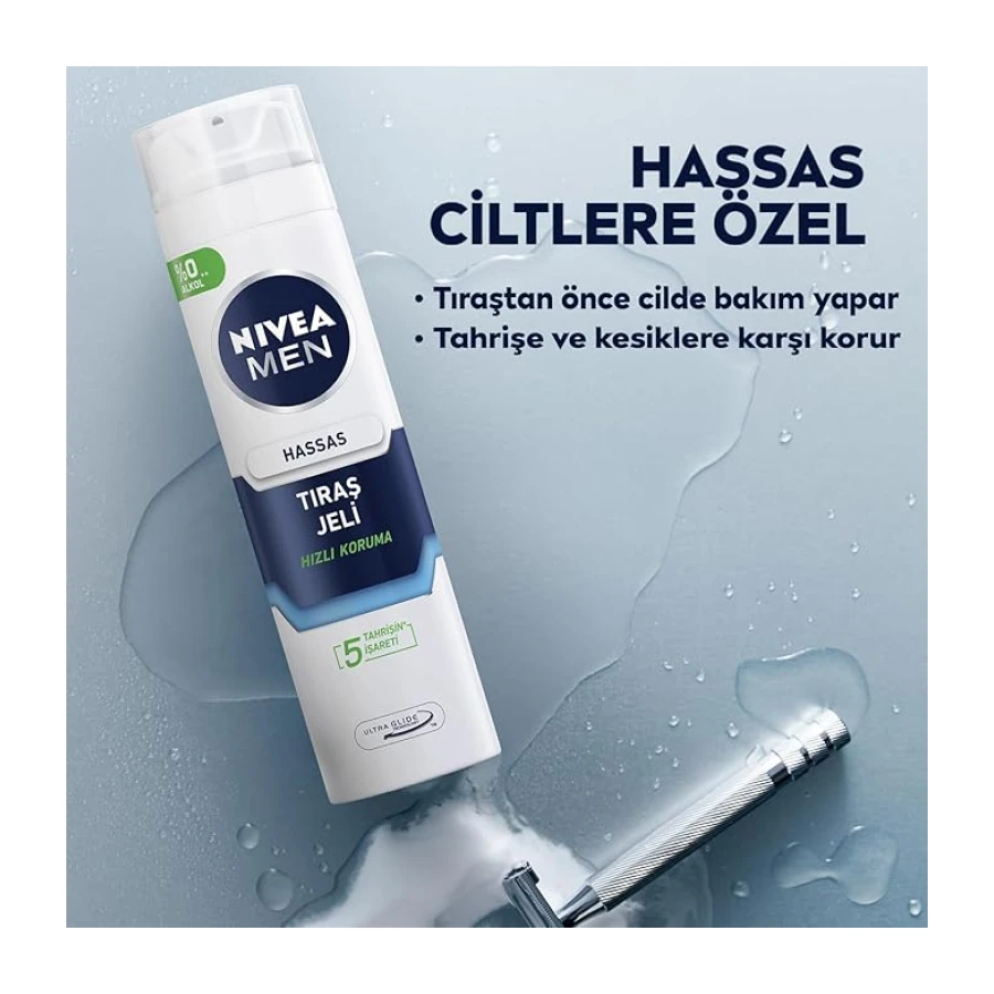 NIVEA MEN Erkek Hassas Tıraş Jeli 200 ml,Tahrişe ve Yanmaya Karşı Koruma,Alkolsüz Formül,Hassas Ciltlere Özel
