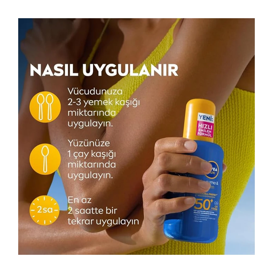 NIVEA SUN SPF50+Yüksek Güneş Koruyucu 200 ml,Suya Dayanıklı,Nemlendirici,C Vitamini,Hyalüron