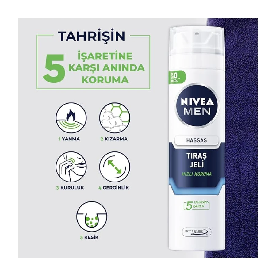 NIVEA MEN Erkek Hassas Tıraş Jeli 200 ml,Tahrişe ve Yanmaya Karşı Koruma,Alkolsüz Formül,Hassas Ciltlere Özel