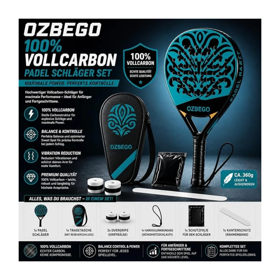 Padel Raket Seti %100 Tam Karbon - Çanta, 2 Overgrips, Bilek Desteği ve Koruyucu Film İçerir - Yeni Başlayanlar ve İleri Düzey Kullanıcılar İçin - Hafif ve Dayanıklı - Siyah ve Yeşil