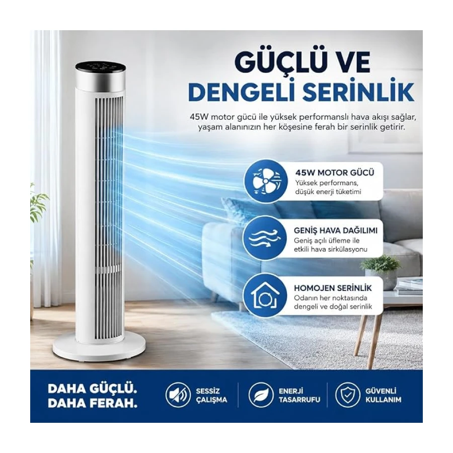 39 İnç Kule Tipi Vantilatör, Uzaktan Kumandalı, 45W Güçlü Motor, 3 Hız Kademesi, 3 Modlu, LED Dokunmatik Ekran, Salınımlı, Sessiz Çalışma, 7.5 Saat Zamanlayıcı, Beyaz