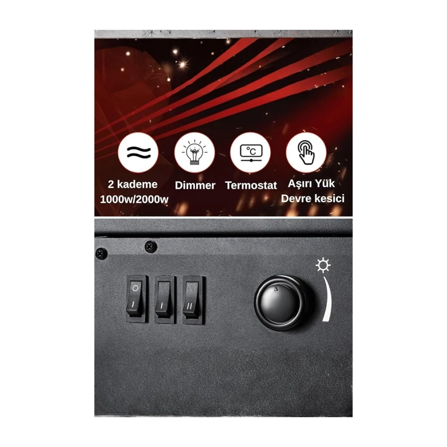 XLarge Elektrikli Şömine & Elektrikli Soba Fanlı Isıtıcı, LED Odun Efekti, Metal Kasa ND-183C Siyah