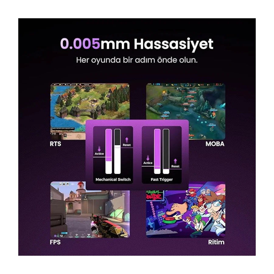 GravaStar Mercury V75 HE Hall Effect Manyetik Switch Gaming Klavye, Hot-Swappable, Rapid Trigger, 8000Hz, 0.125ms Ultra Düşük Gecikme, Kablolu, RGB Işıklı, İngilizce Q, Mecha Gray