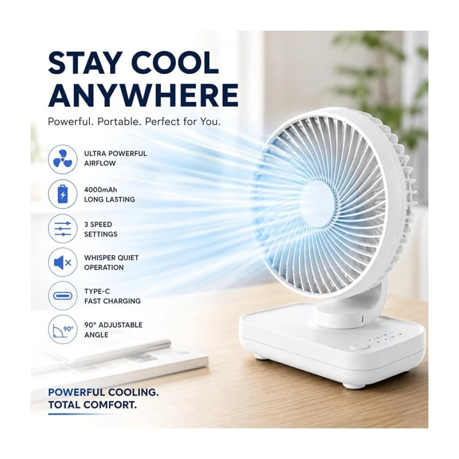 Şarjlı Soğutucu Vantilatör, Ultra Güçlü Motorlu 3 Pervaneli Soğutucu Fan, 3 Kademeli Sessiz, 4000 mAh Type-C Şarjlı, 90 Derece Manevralı Ev Ofis Bahçe Balkon Araç Seyahat İçin Şarjlı Mini Vantilatör