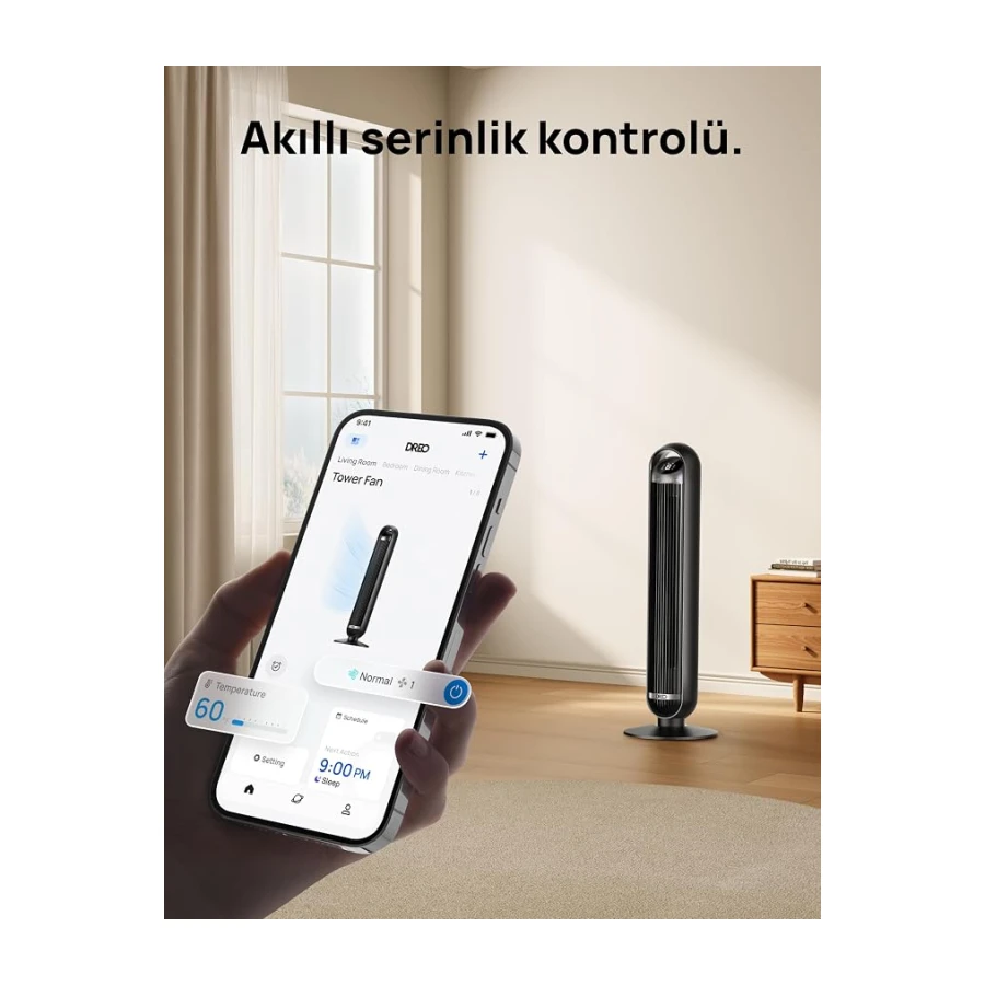 DREO 25 dB Akıllı Sessiz Kule Tipi Fan, 8 m/s Hava Akışı, 8 Hız Kademesi, 4 Çalışma Modu, DC Motorlu Serinletme, 90° Salınım, Kanatsız Tasarım, 8 Saat Zamanlayıcı, Wi-Fi/Alexa/Uzaktan Kumanda Desteği