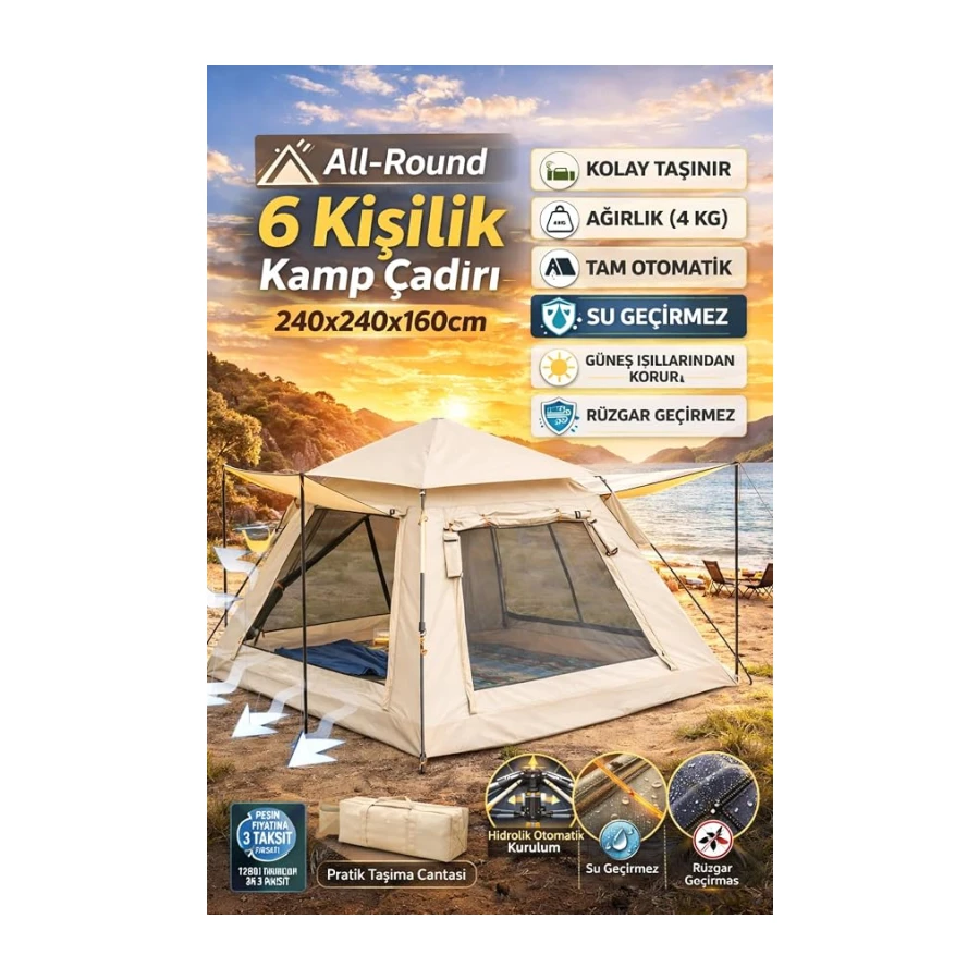 Aile Boyu 6 Kişilik Otomatik Çadır – Piknik, Tatil Ve Kamp Için Geniş Tasarım(Bej)
