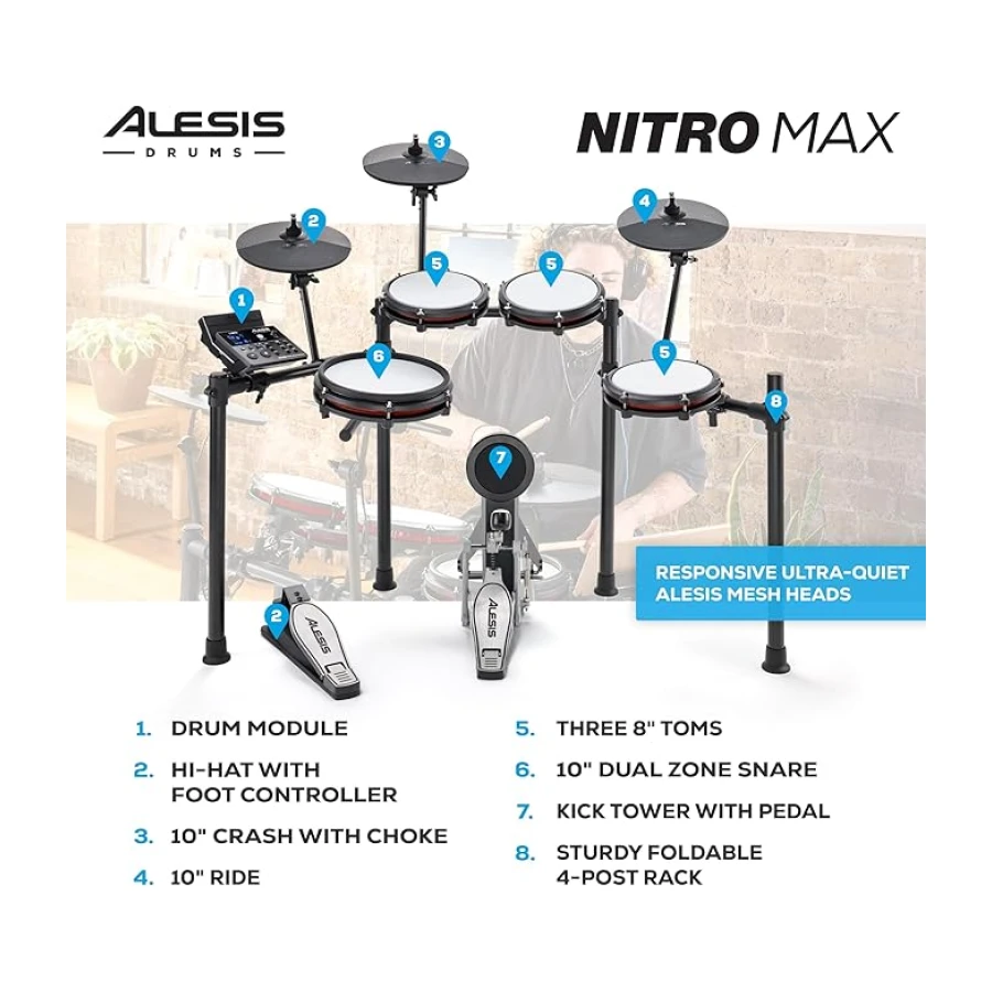 Alesis Nitro Max Kit - Elektronik Davul Seti, Dijital Bateri, Sessiz Mesh Pedli, 10 İnç Çift Bölgeli Trampet, Bluetooth, 440+ Otantik Ses, Drumeo, USB MIDI, Tekme Pedalı