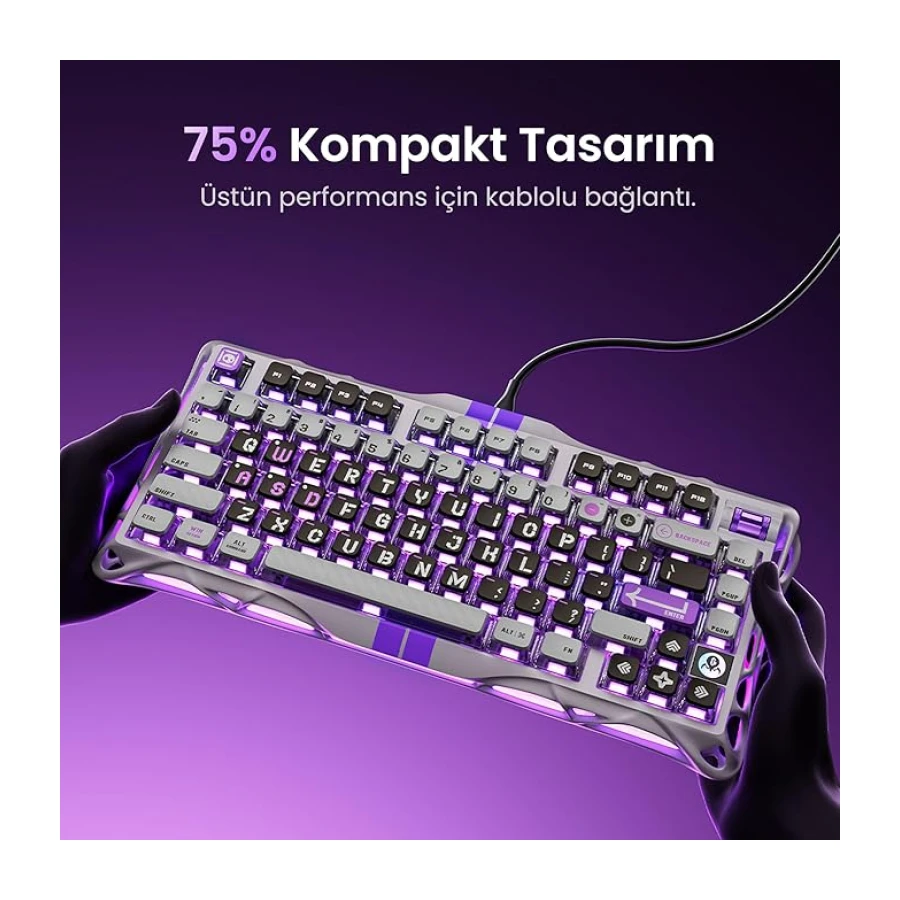 GravaStar Mercury V75 HE Hall Effect Manyetik Switch Gaming Klavye, Hot-Swappable, Rapid Trigger, 8000Hz, 0.125ms Ultra Düşük Gecikme, Kablolu, RGB Işıklı, İngilizce Q, Mecha Gray