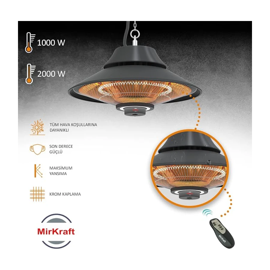 MirKraft Elirg R.C LED Işıklı Elektrikli Isıtıcı, 2000 W, Uzaktan Kumandalı, İki Isıtma Kademesi, IP45, Balkon Isıtıcısı, Çadır Isıtıcısı, Kış Bahçesi Isıtıcısı, Karbon Kızılötesi Isıtıcı (Elirg R.C)