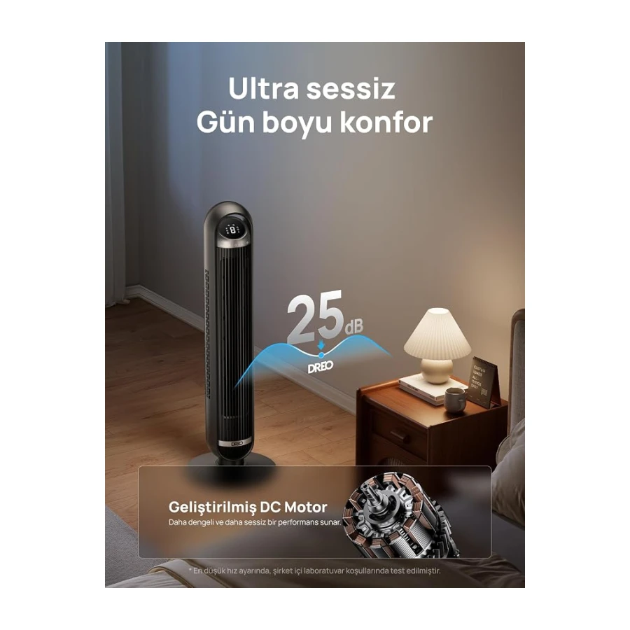 DREO 25 dB Akıllı Sessiz Kule Tipi Fan, 8 m/s Hava Akışı, 8 Hız Kademesi, 4 Çalışma Modu, DC Motorlu Serinletme, 90° Salınım, Kanatsız Tasarım, 8 Saat Zamanlayıcı, Wi-Fi/Alexa/Uzaktan Kumanda Desteği