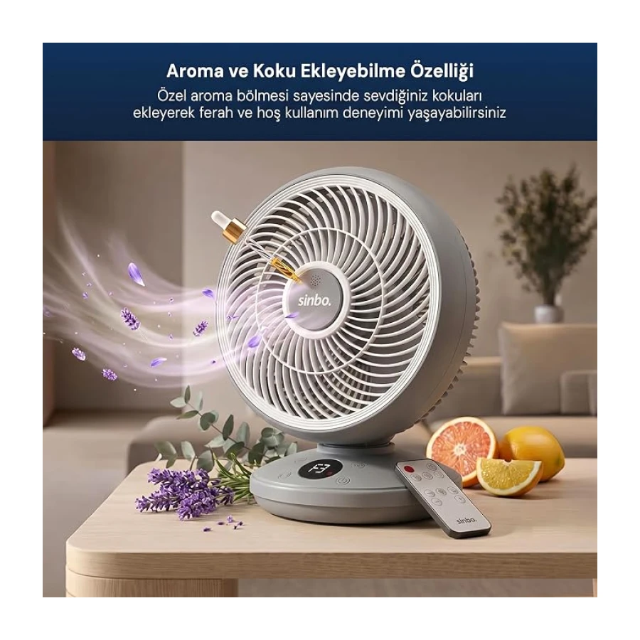 Sinbo SF-7702 Sessiz Masaüstü Vantilatör | Kumandalı Mini Fan | Otomatik Salınımlı Aroma Hazneli