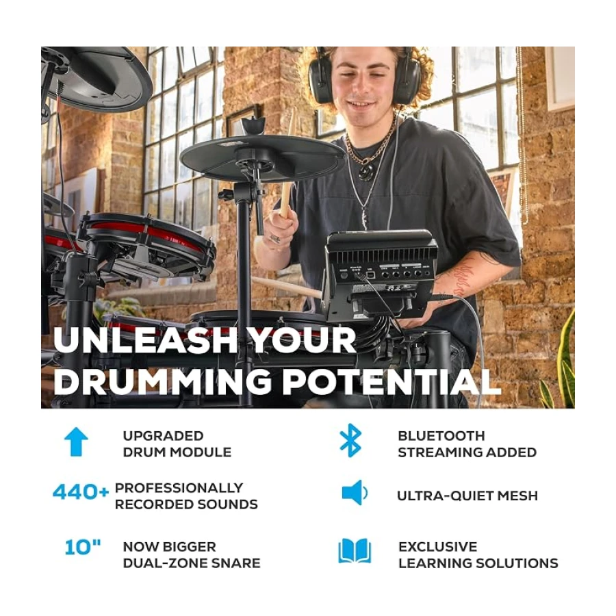 Alesis Nitro Max Kit - Elektronik Davul Seti, Dijital Bateri, Sessiz Mesh Pedli, 10 İnç Çift Bölgeli Trampet, Bluetooth, 440+ Otantik Ses, Drumeo, USB MIDI, Tekme Pedalı