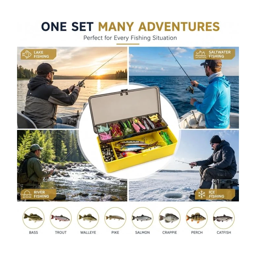 302 Parça Çantalı Balık Olta Seti, Silikon Sahte Yem Olta İğne Takımı, Kurşun Ağırlık Jig Head Kaşık Spinner Popper Minnow Kurbağa Kanca Kutulu Levrek Alabalık Tatlı Su Deniz İçin Olta Aksesuar Seti