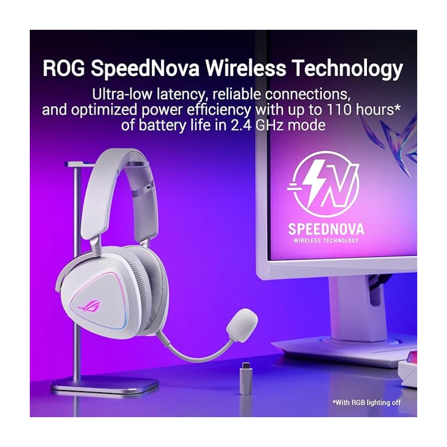 ASUS ROG DELTA II KABLOSUZ OYUN KULAKLIĞI (50MM TİTANYUM SÜRÜCÜLER, ROG SPEEDNOVA, 10MM SÜPER GENİŞ BANT MİKROFON, 153-SAAT PİL ÖMRÜ, DUALFLOW SES, BT, 2.4GHZ, 3.5MM, PC, SWITCH, PS4, PS5, XBOX UYUMLU