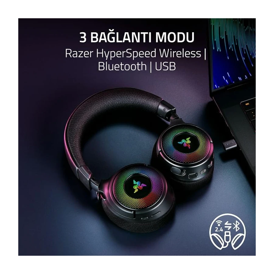 Razer Kraken V4 - Kablosuz Oyun Kulaklığı (3 Modlu Bağlantı, TriForce 40mm Sürücüler, 9 Bölgeli RGB Kulaklık Aydınlatması, Mix & Volume ayarları, THX Spatial Audio) Siyah