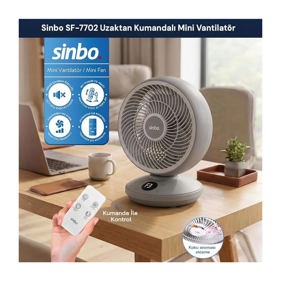 Sinbo SF-7702 Sessiz Masaüstü Vantilatör | Kumandalı Mini Fan | Otomatik Salınımlı Aroma Hazneli