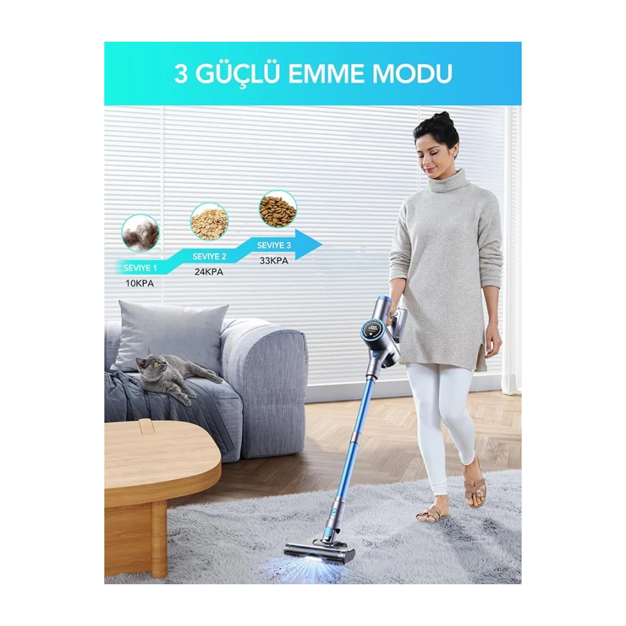 Greenote GSC60 Akülü Elektrikli Süpürge 33KPa, 10'u 1 Arada çok aksesuarlı süpürge, 40 Dakikaya Kadar Çalışma Süresi, kontrol ekranlı ekran,Yatak fırçası ile, esnek uzatma hortumu, büyük Toz Haznesi