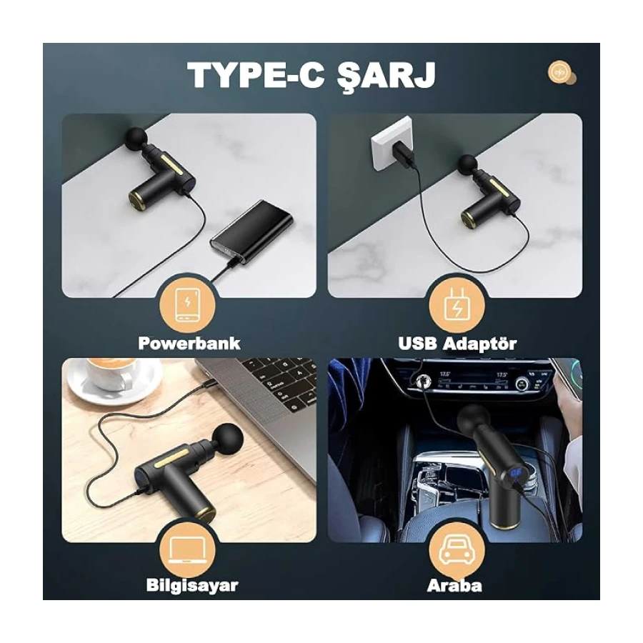 Robeve Auhma Masaj Tabancası Kas Tabanca Masaj Aleti Fırçasız Motorlu Type C Şarjlı Masaj Aleti 4 Farklı Masaj Başlığı Darbeli Titreşimli