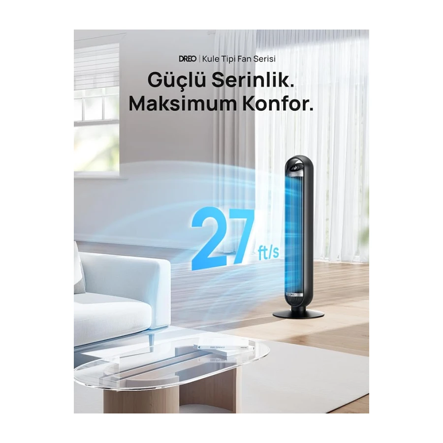DREO 25 dB Akıllı Sessiz Kule Tipi Fan, 8 m/s Hava Akışı, 8 Hız Kademesi, 4 Çalışma Modu, DC Motorlu Serinletme, 90° Salınım, Kanatsız Tasarım, 8 Saat Zamanlayıcı, Wi-Fi/Alexa/Uzaktan Kumanda Desteği