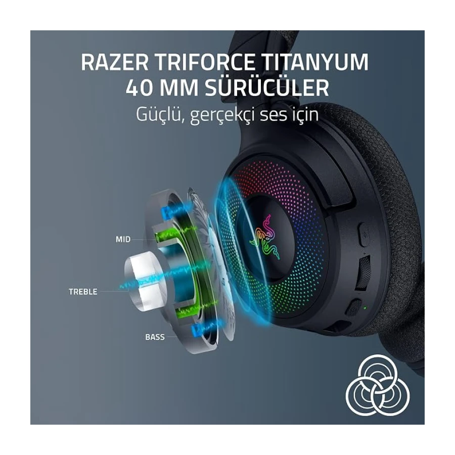Razer Kraken V4 - Kablosuz Oyun Kulaklığı (3 Modlu Bağlantı, TriForce 40mm Sürücüler, 9 Bölgeli RGB Kulaklık Aydınlatması, Mix & Volume ayarları, THX Spatial Audio) Siyah