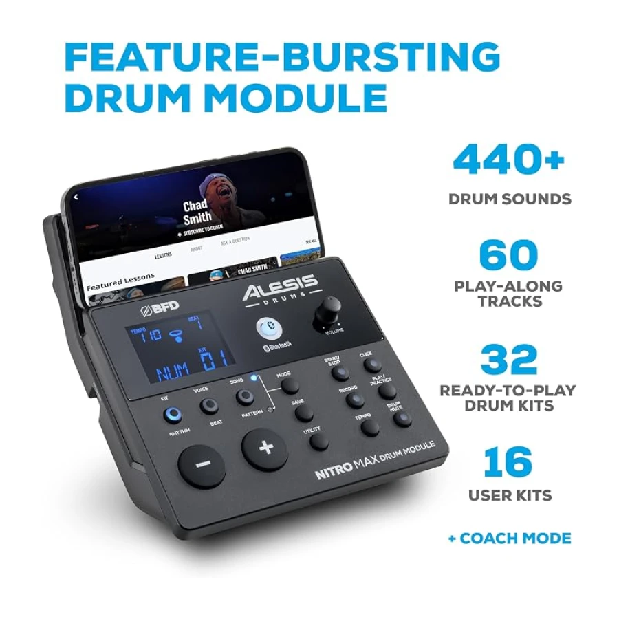 Alesis Nitro Max Kit - Elektronik Davul Seti, Dijital Bateri, Sessiz Mesh Pedli, 10 İnç Çift Bölgeli Trampet, Bluetooth, 440+ Otantik Ses, Drumeo, USB MIDI, Tekme Pedalı