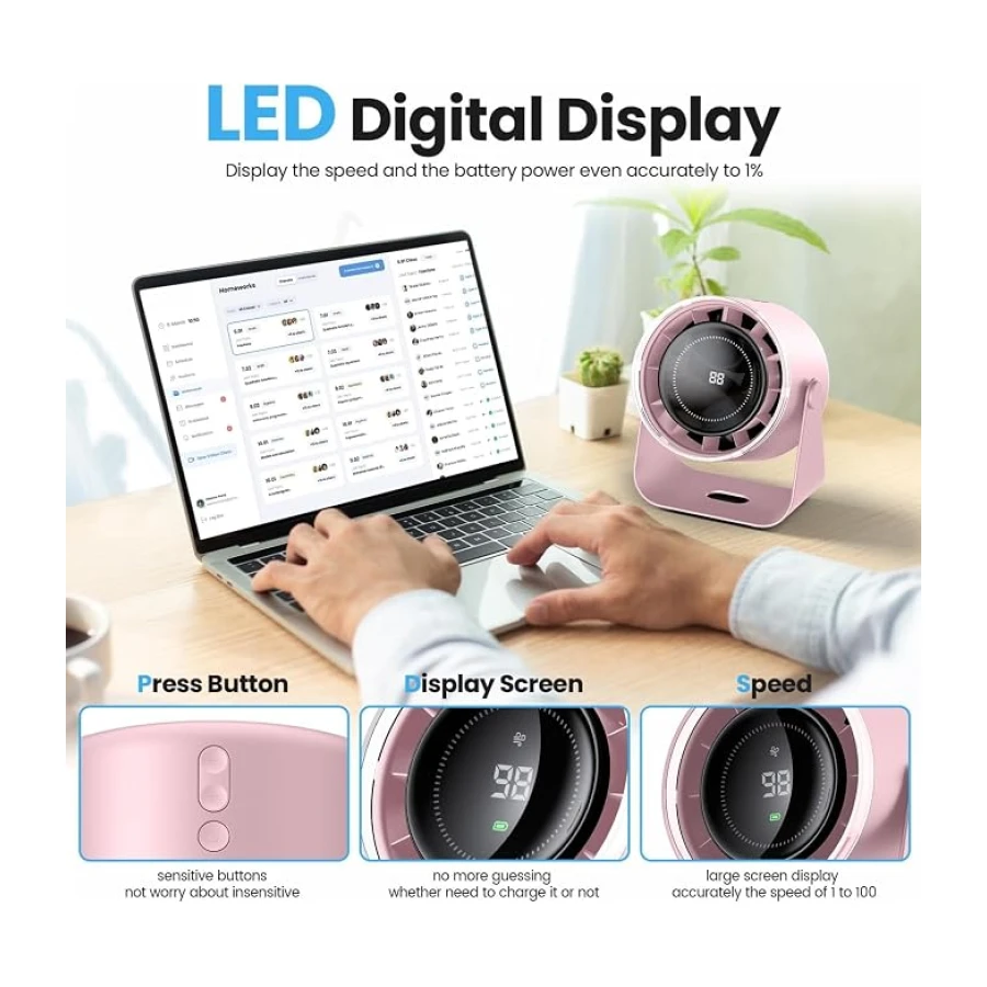 Şarjlı Vantilatör - 100 Kademe Güçlü Hız Akışı, Turbo Fan Teknolojisi, Led Ekranlı Tasarım, Sessiz Kullanım, Duvara Monte Edilebilir, Uzun Şarj Ömrlü, 115° Hareket Kabiliyetli, Masa Üstü Soğutucu Fan