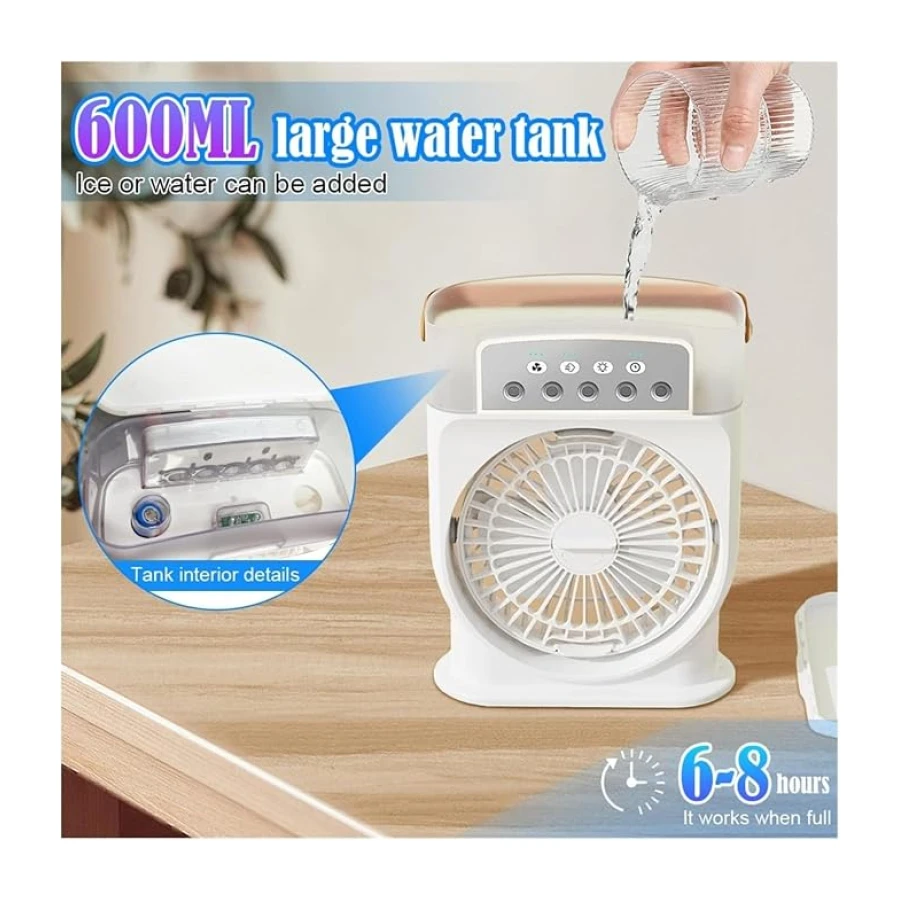 Şarjlı Buharlı Vantilatör, Ultra Güçlü 3 Kademe Soğutucu Fan, 5 Kademe Buhar Üfleme, 600 Ml Su Kapasitesi, Uzun Şarj Ömrü, 180 Derece Manevralı, Ev Ofis Bahçe Kamp İçin Kablosuz Buharlı Vantilatör