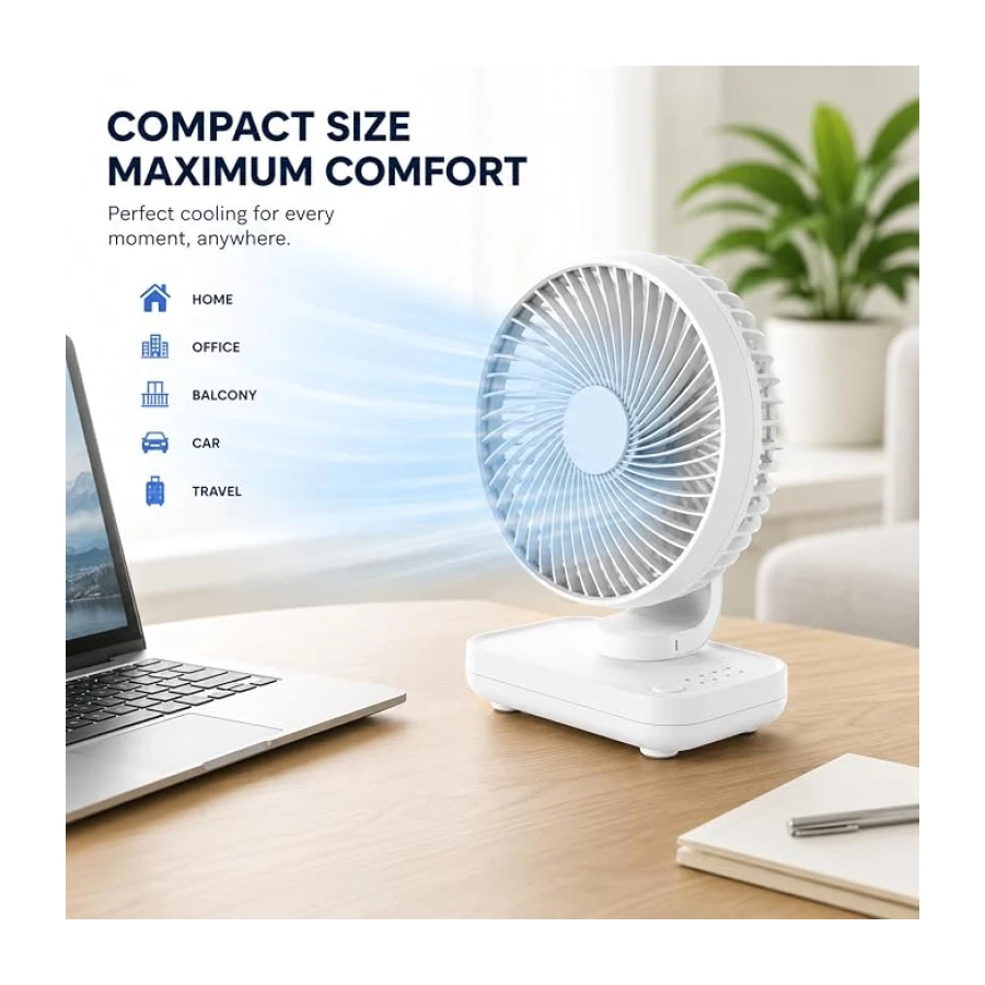 Şarjlı Soğutucu Vantilatör, Ultra Güçlü Motorlu 3 Pervaneli Soğutucu Fan, 3 Kademeli Sessiz, 4000 mAh Type-C Şarjlı, 90 Derece Manevralı Ev Ofis Bahçe Balkon Araç Seyahat İçin Şarjlı Mini Vantilatör