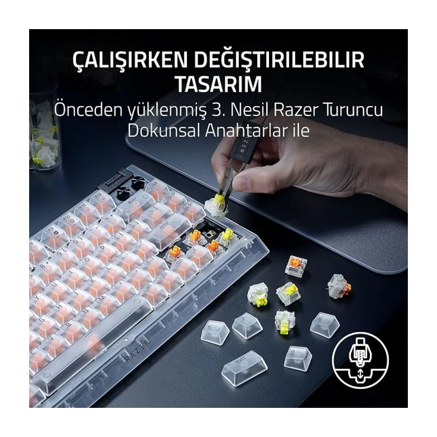 Razer BlackWidow V4 75% Phantom White - Çalışırken değiştirilebilir mekanik oyun klavyesi - Turuncu Dokunsal Anahtarlar - RGB - ABD düzeni | Phantom White Edition