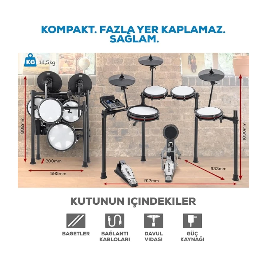 Alesis Nitro Max Kit - Elektronik Davul Seti, Dijital Bateri, Sessiz Mesh Pedli, 10 İnç Çift Bölgeli Trampet, Bluetooth, 440+ Otantik Ses, Drumeo, USB MIDI, Tekme Pedalı
