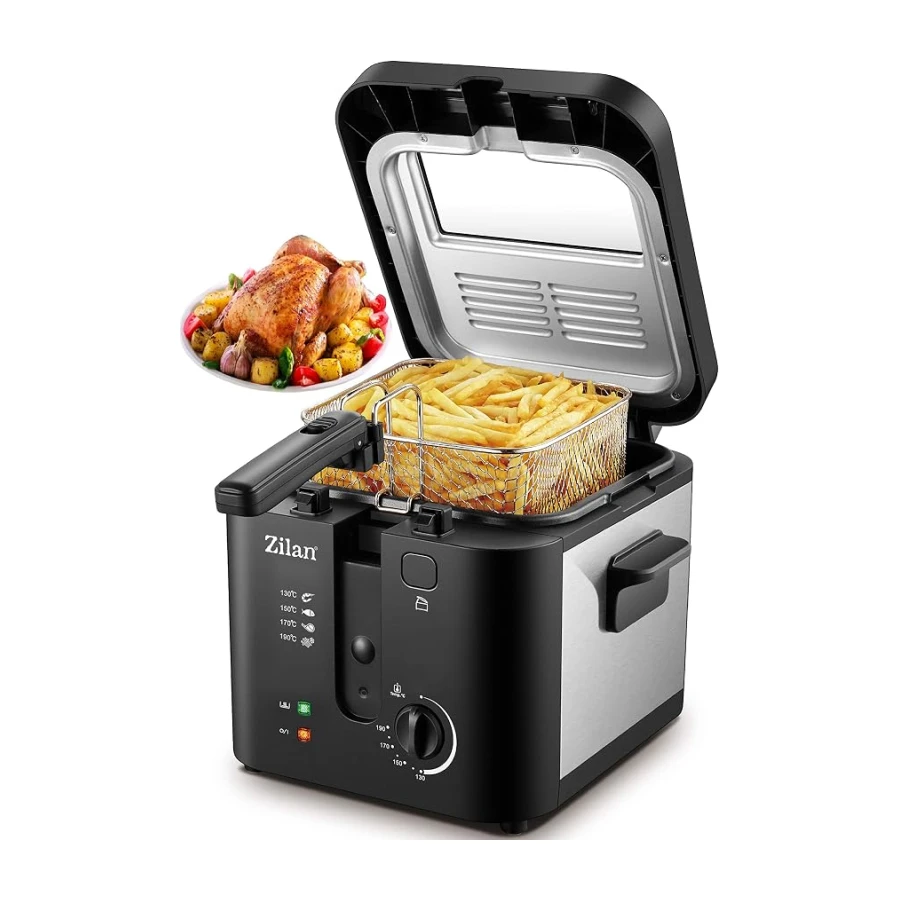 Zilan ZLN0010 Fritöz 1.600 Watt 2,5 Litre Kapasite Paslanmaz Çelik Deep Fryer Sıcaklık Ayarı 0°C-190°C
