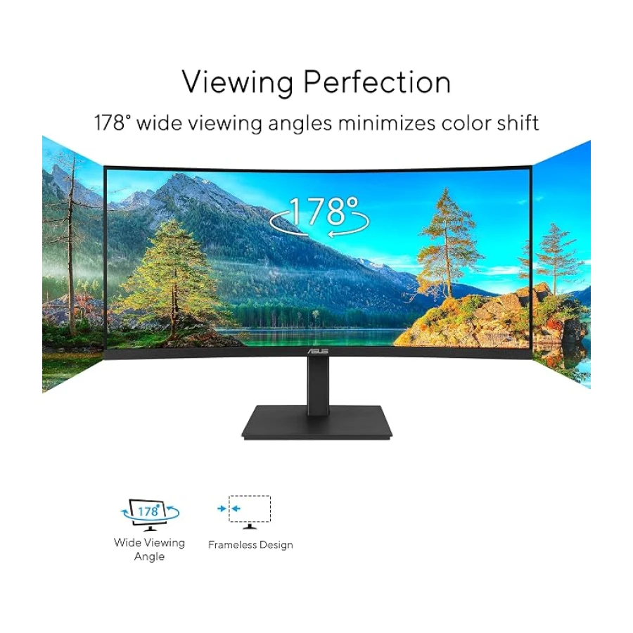 ASUS Business VA34VCPSR 34 inç Kavisli Monitör, Geniş QHD (3440 x 1440), HDMI, DisplayPort, USB Hub, RJ45 LAN Bağlantı Noktası, Ergonomik Tasarım, Titreşimsiz, Düşük Mavi Işık, Siyah